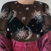 Women Sexy  Mesh Tops Long Sleeve T Shirt Transparent Sun Moon Star Print T-shirt 