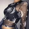 Women Sexy  Mesh Tops Long Sleeve T Shirt Transparent Sun Moon Star Print T-shirt 
