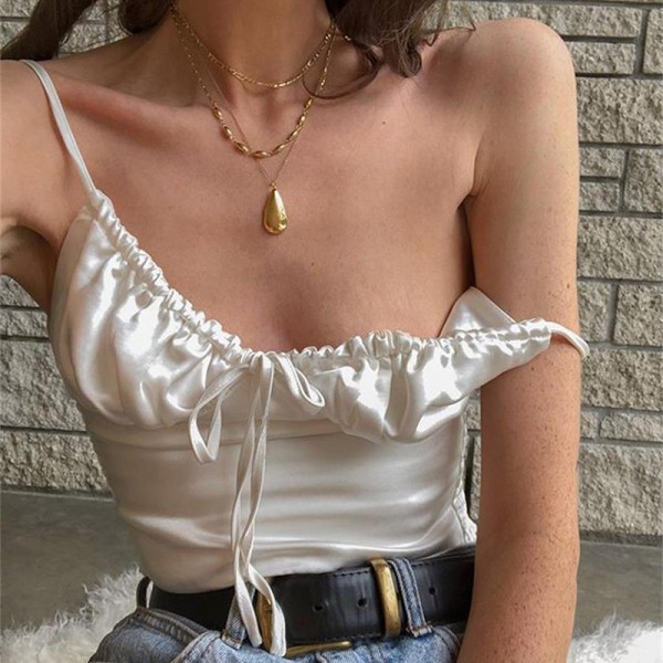 Elegant Lace Up Chiffon Crop Tops Women Camisole Top Tees Shirt Vintage Tshirt