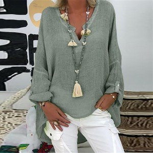 Women Long Sleeve Linen Loose V Neck Print Irregular Shirt Vintage Oversized Tops