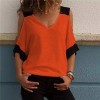 Women Patchwork Cold Shoulder T-shirt Plus Size Tops V-Neck Half Sleeve Tee Shirt 