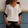 Women Patchwork Cold Shoulder T-shirt Plus Size Tops V-Neck Half Sleeve Tee Shirt 