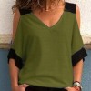 Women Patchwork Cold Shoulder T-shirt Plus Size Tops V-Neck Half Sleeve Tee Shirt 