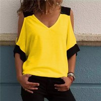Women Patchwork Cold Shoulder T-shirt Plus Size Tops V-Neck Half Sleeve Tee Shirt 