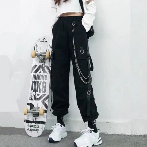 Women Harem Pants Punk Pockets Jogger Trousers With Chain Elastics High Waist Streetwear