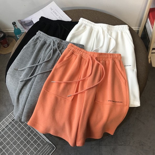 High Waist Wide Leg Short Pants Women Knee Length Pants Drawstring  Cotton Loose Trousers