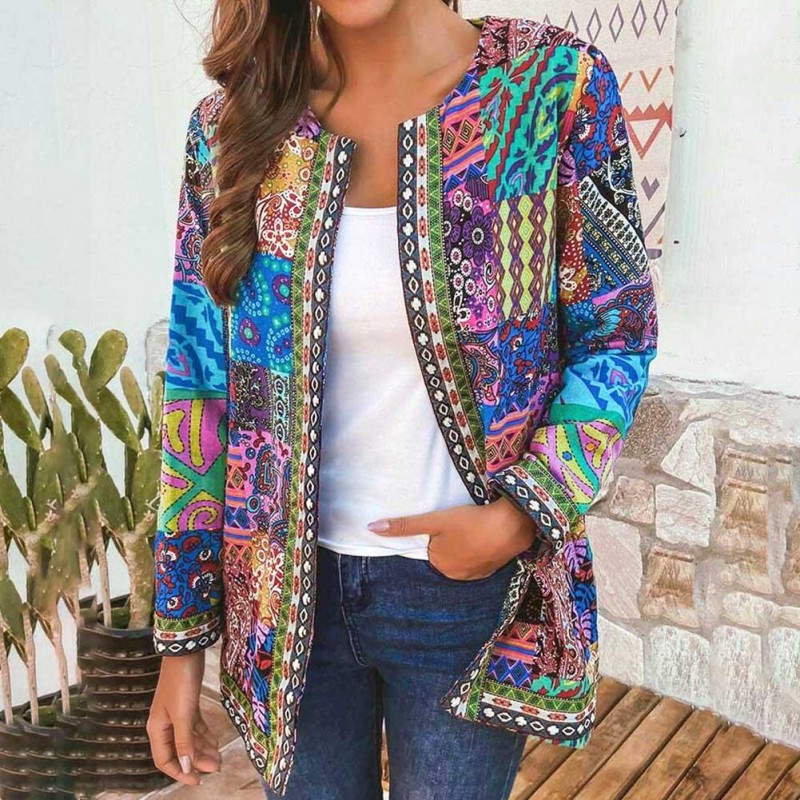 Women Fashion Ethnic Floral Print Long Sleeve Jacket Coat Cardigan Loose Outerwear Chic Top