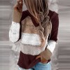 Women Patchwork Hooded Sweater Long Sleeve V-neck Knitted Sweater New Female Hoodies