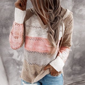 Women Patchwork Hooded Sweater Long Sleeve V-neck Knitted Sweater New Female Hoodies