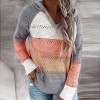 Women Patchwork Hooded Sweater Long Sleeve V-neck Knitted Sweater New Female Hoodies