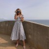 Women Sleeve Flroal Printed High Split Long Dresses Drawstring Sexy Sundress