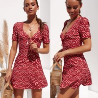 Fashion Women Short Sleeve Wrap Boho Floral Mini Dress