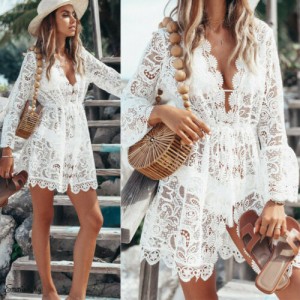 New Summer Women Bikini Cover Up Floral Lace Hollow Beach Dress Hot