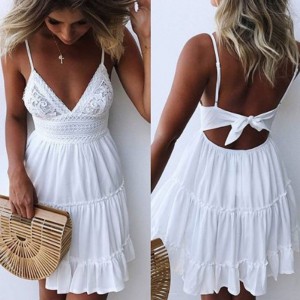 Women Summer Sexy Bow Backless V-neck Mini Beach Dresses