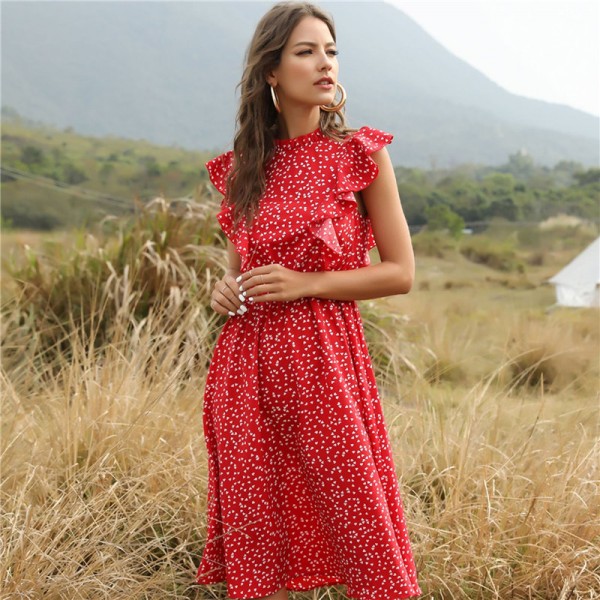 New Women Casual Butterfly Sleeve Ruffles Medium Long Chiffon Dress