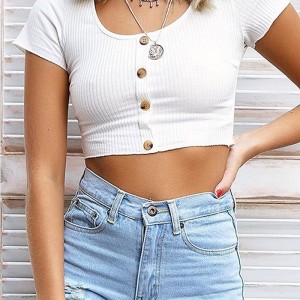 Crop Top Sexy T-shirt Short Sleeve Buttons Knitted T Shirt Women Tee Clothes