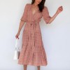 Women Long Printed Dresses V Neck Half Sleeve With Belt Dresses Dress 