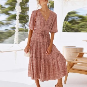 Women Long Printed Dresses V Neck Half Sleeve With Belt Dresses Dress 