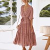 Women Long Printed Dresses V Neck Half Sleeve With Belt Dresses Dress 