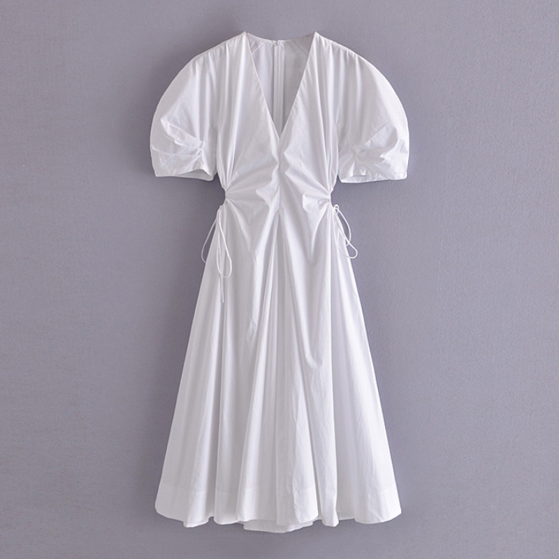 Women V Neck Hollow Out Midi Dress Short Sleeve Zipper Dresses High Waist  Dress 