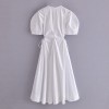 Women V Neck Hollow Out Midi Dress Short Sleeve Zipper Dresses High Waist  Dress 