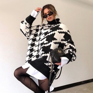 Long Sleeve Oversized Sweater Dress Turtleneck Mini Houndstooth Dresses