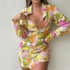  Floral Print Long Sleeve Shirt Dress V Neck Mini Casual Bodycon Dresses