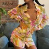  Floral Print Long Sleeve Shirt Dress V Neck Mini Casual Bodycon Dresses