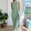 Print Backless Dress Sleeveless Off Shoulder Vintage Split Halter Neck Maxi Dresses