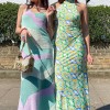 Print Backless Dress Sleeveless Off Shoulder Vintage Split Halter Neck Maxi Dresses