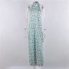 Print Backless Dress Sleeveless Off Shoulder Vintage Split Halter Neck Maxi Dresses