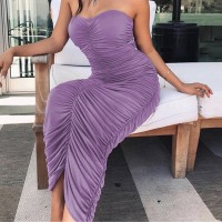 Sleeveless Ruched Long Bodycon Dress Backless Strapless Off Shoulder Women Midi Dress