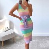 Stripe Knitted Bodycon Dress Midi Women V Neck Bandage Casual Sleeveless Dresses