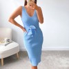 Stripe Knitted Bodycon Dress Midi Women V Neck Bandage Casual Sleeveless Dresses