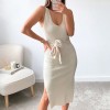 Stripe Knitted Bodycon Dress Midi Women V Neck Bandage Casual Sleeveless Dresses