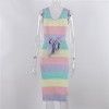Stripe Knitted Bodycon Dress Midi Women V Neck Bandage Casual Sleeveless Dresses