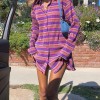 Striple Print Shirt Dress Women Oversized Mini Long Sleeve Y2K V Neck Dresses