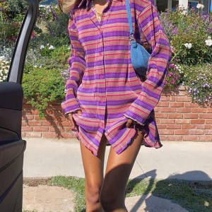 Striple Print Shirt Dress Women Oversized Mini Long Sleeve Y2K V Neck Dresses