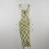  Plaid Bodycon Dress Women Midi Sleeveless Hollow Out V Neck Sexy Dresses