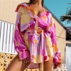 Floral Print Long Sleeve Dress A Line With Belt V Neck Casual Mini Dresses 