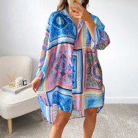 Summer Long Sleeve Dress Women V Neck Y2K Print Loose Beach Sexy Casual Dresses