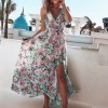Casual Sleeveless V Neck Floral Print Dress Boho Women Maxi Split Wrap Off Shoulder Beach Dresses 