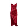 V Neck Spaghetti Strap Midi Dress Satin Women Ruched Split Backless Sleeveless Bodycon Dresses