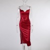 V Neck Spaghetti Strap Midi Dress Satin Women Ruched Split Backless Sleeveless Bodycon Dresses