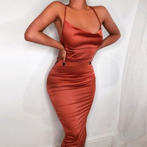 Back Cross Satin Women Bodycon Dress Sexy Spaghetti Strap Sleeveless Backless Midi Dresses 