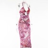 Women Bodycon Dress Halter Y2K Print Sleeveless Hollow Out Midi Bandage Dresses