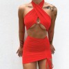 Sexy Backless Halter Two Piece Set Outfits Top and Skirts Drawstring Ruched Women's Set