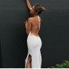 Summer Sleeveless Halter Sexy Backless Maxi Dress Women Knitted Long Split Dresses