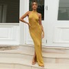 Summer Sleeveless Halter Sexy Backless Maxi Dress Women Knitted Long Split Dresses