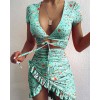 Floral Print Fashion Tie Up Wrap Dress Summer Holiday Ruffles Sundress Ruched Women's Dress 